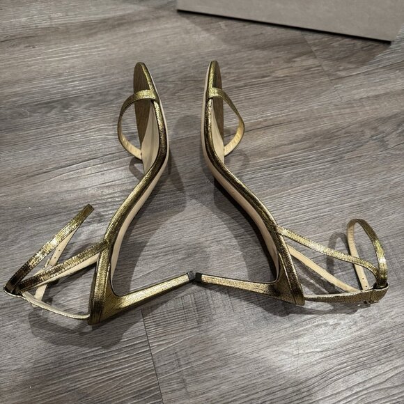 Jimmy Choo Minny 85 mm Gold Metallic Lizard Print Leather Heels Sandals - Picture 7 of 13